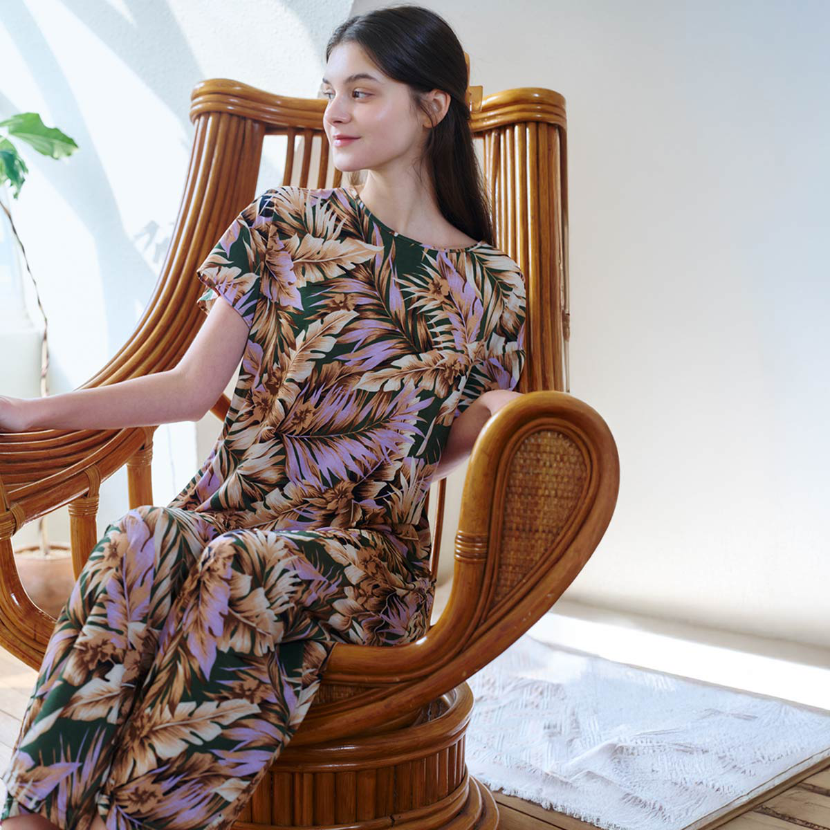 폴리 슬라브 스판 잎사귀 나염 여성 하의(VEP3932F), , large