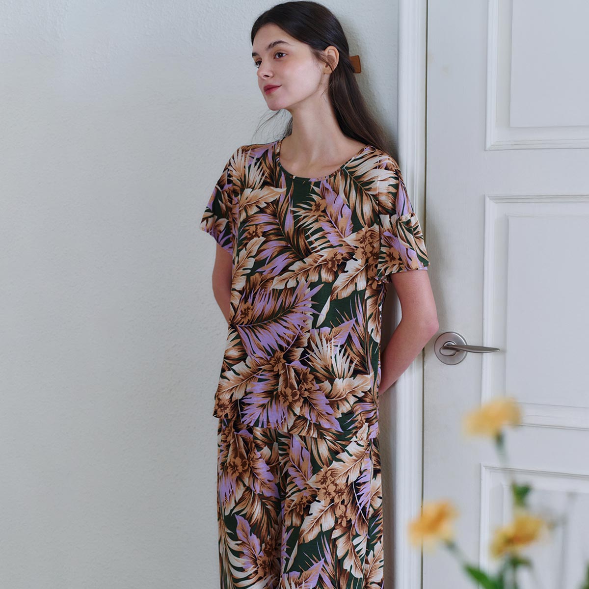 폴리 슬라브 스판 잎사귀 나염 여성 하의(VEP3932F)