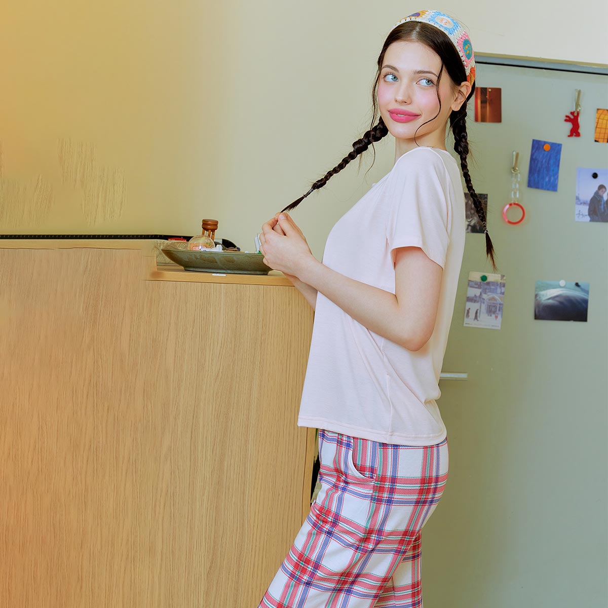 스판 체크나염 이지웨어 여성 하의(SEP2452F)